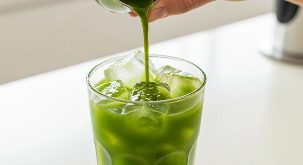 Pouring a vibrant green matcha tea concentrate straight over large ice cubes into a tall highball glass to build a homemade iced matcha latte.