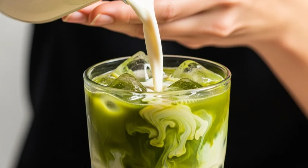 Pouring creamy oat milk into a glass of iced matcha, creating dramatic, flowing marbling swirls for a delicious dairy-free iced matcha latte.