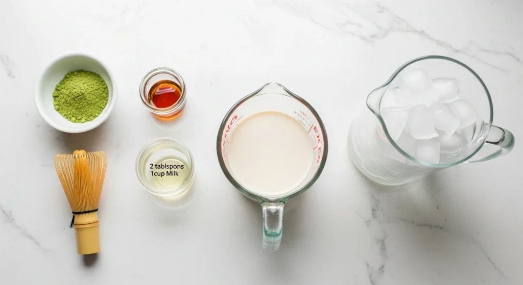 An overhead view of the ingredients needed to make an easy iced matcha latte, including ceremonial grade matcha powder, cold oat milk, maple syrup, ice cubes, and a bamboo whisk.