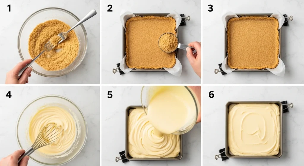 Pressing buttery graham cracker crumbs into a square baking pan to create easy key lime pie bars with graham cracker crust.