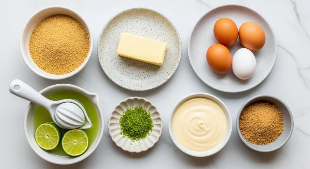 Raw ingredients needed to make the best baked key lime dessert, including graham crackers, sweetened condensed milk, egg yolks, butter, and fresh Key limes.