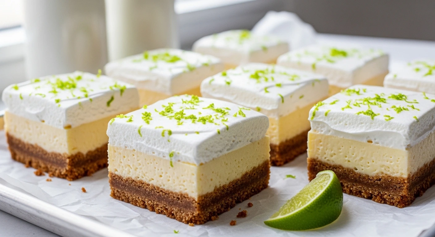 A perfect square slice of Key Lime Pie Bars topped with a dollop of whipped cream, fresh lime zest, and a lime slice on a white dessert plate.