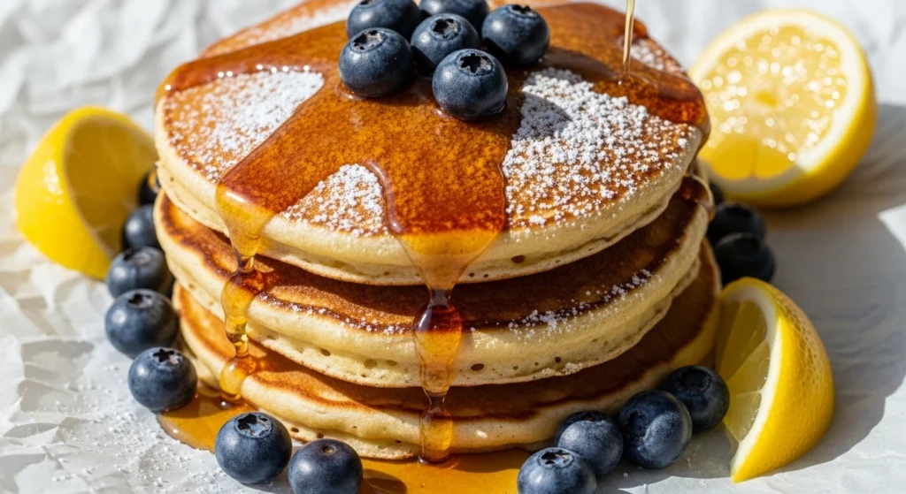 A warm, tempting plate of lemon ricotta pancakes garnished with fresh blueberries and powdered sugar, ready to be enjoyed for a relaxing weekend brunch.