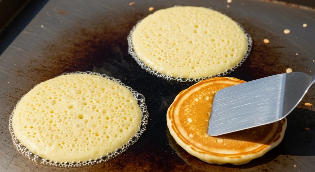 Golden brown lemon ricotta pancakes cooking on a hot griddle with a spatula ready to flip them as tiny bubbles form on the surface.