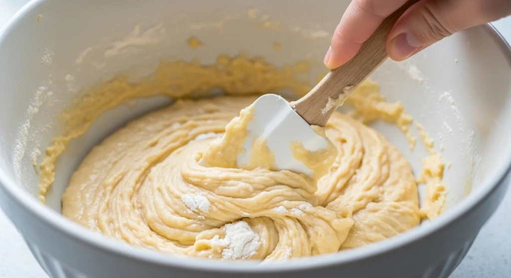 Gently folding the lumpy pancake batter with a spatula, demonstrating exactly how to make pancakes fluffy with ricotta without overmixing the flour.