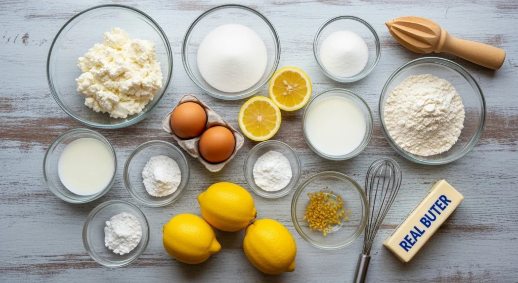 Fresh ingredients for the best lemon ricotta pancakes from scratch, including whole milk ricotta, fresh lemons, eggs, and flour arranged naturally on a kitchen counter.