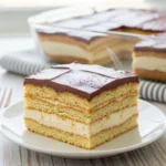 A perfect slice of chilled No-Bake Eclair Cake on a white dessert plate, showing thick layers of graham crackers, vanilla pudding, and chocolate frosting.