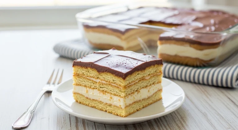 A perfect slice of chilled No-Bake Eclair Cake on a white dessert plate, showing thick layers of graham crackers, vanilla pudding, and chocolate frosting.