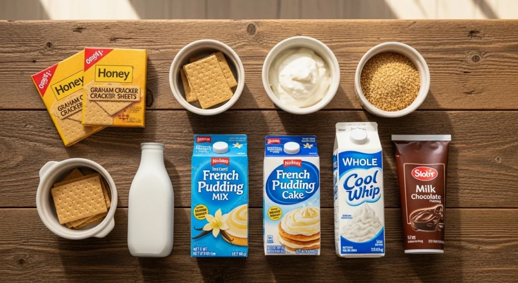 Overhead view of the ingredients needed for an old fashioned eclair cake recipe, including graham crackers, instant vanilla pudding mix, milk, whipped topping, and chocolate frosting.