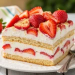 Placing sliced fresh strawberries over a layer of cream to complete the no bake strawberry dessert assembly.