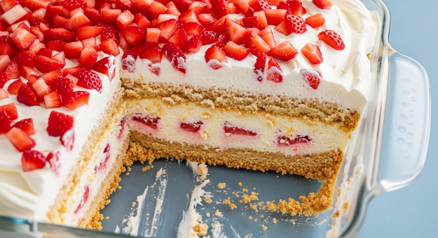 A slice of the best old fashioned no bake icebox cake recipe with layers of graham crackers, pudding, and fresh strawberries on a white plate.