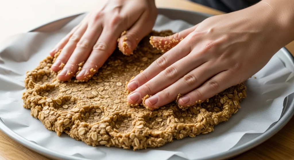 Hands pressing chewy, thick oatmeal cookie dough into a large circle on a parchment-lined pizza pan to make a sturdy fruit pizza with oatmeal crust.