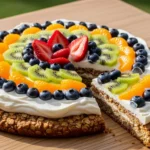A beautiful oatmeal cookie fruit pizza topped with creamy frosting and a colorful rainbow of fresh strawberries, blueberries, kiwi, and mandarin oranges on a wooden table.