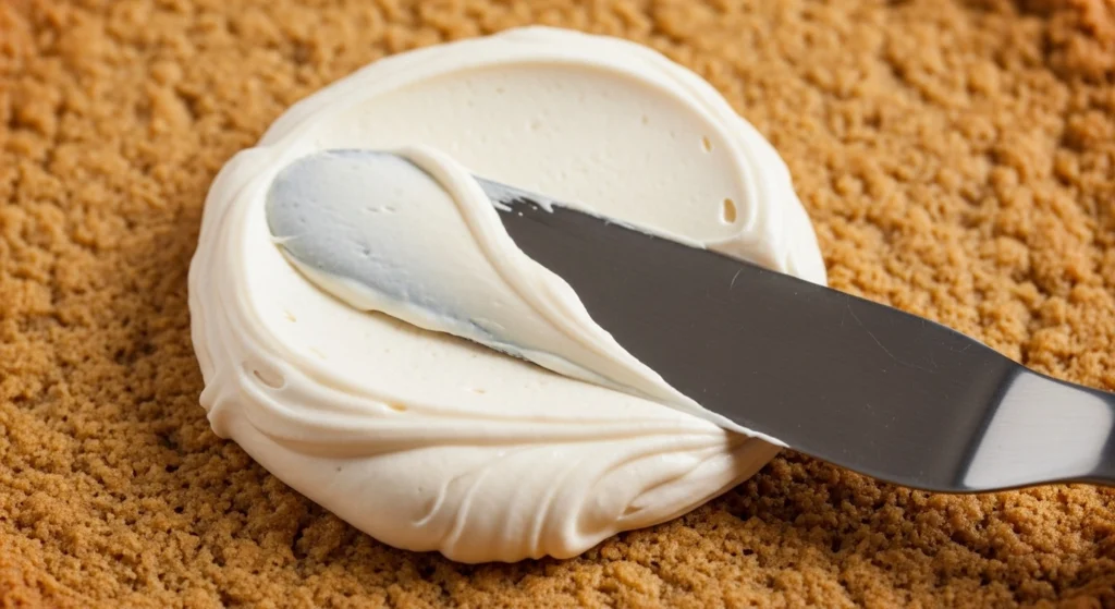 An offset spatula spreading a thick layer of healthy fruit pizza frosting made from cream cheese and Greek yogurt onto a baked and cooled giant oatmeal cookie.