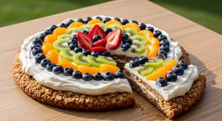 A beautiful oatmeal cookie fruit pizza topped with creamy frosting and a colorful rainbow of fresh strawberries, blueberries, kiwi, and mandarin oranges on a wooden table.