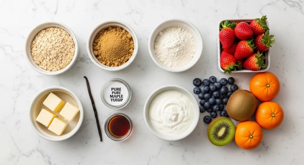 An overhead view of ingredients for an easy summer dessert recipe, including rolled oats, fresh berries, kiwi, cream cheese, and Greek yogurt on a white quartz counter.