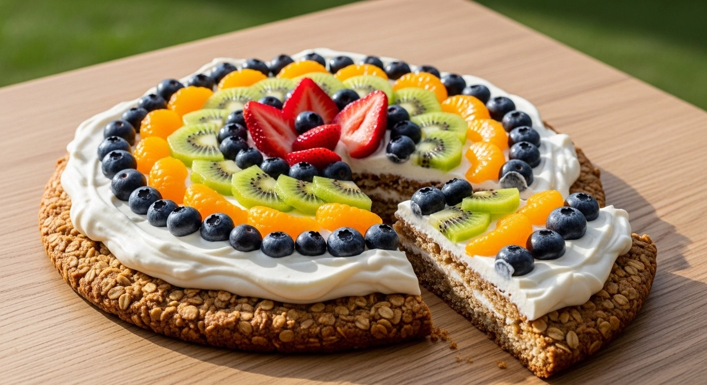 A beautiful oatmeal cookie fruit pizza topped with creamy frosting and a colorful rainbow of fresh strawberries, blueberries, kiwi, and mandarin oranges on a wooden table.