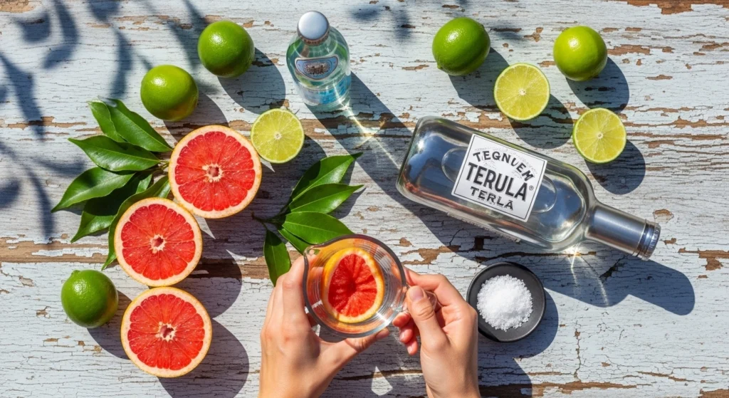 An overhead view of hands gently squeezing fresh pink grapefruit surrounded by silver tequila, limes, and sparkling water on a rustic wooden table, prepping ingredients for large batch tequila drinks.