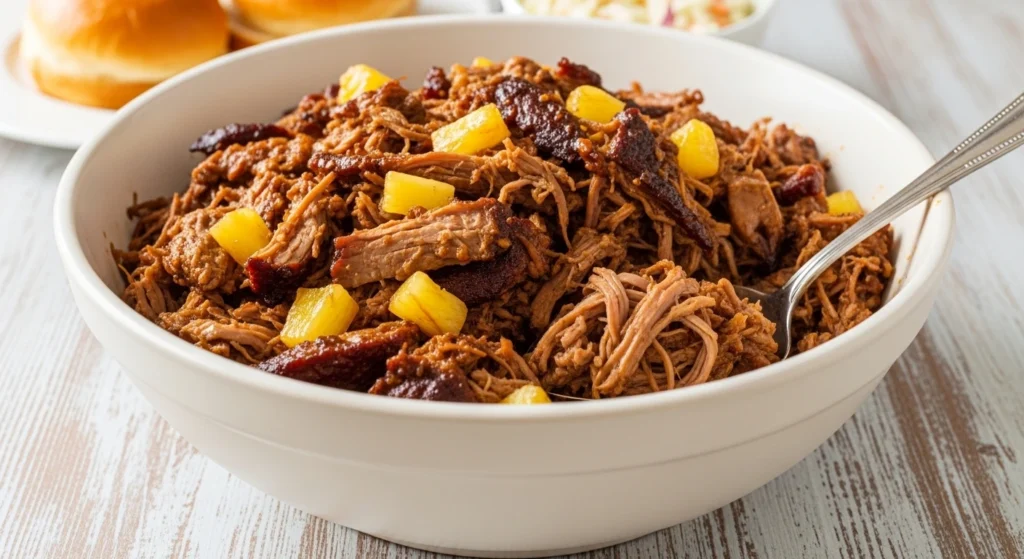 A close-up of a juicy Slow Cooker Hawaiian Pulled Pork slider piled high on a toasted sweet roll with bright pineapple chunks. These make the absolute best Hawaiian pulled pork sliders for a summer luau!