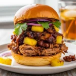 A close-up of a juicy Slow Cooker Hawaiian Pulled Pork slider piled high on a toasted sweet roll with bright pineapple chunks. These make the absolute best Hawaiian pulled pork sliders for a summer luau!