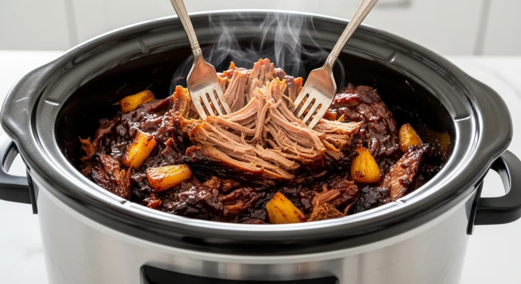 A close-up of a juicy Slow Cooker Hawaiian Pulled Pork slider piled high on a toasted sweet roll with bright pineapple chunks. These make the absolute best Hawaiian pulled pork sliders for a summer luau!
