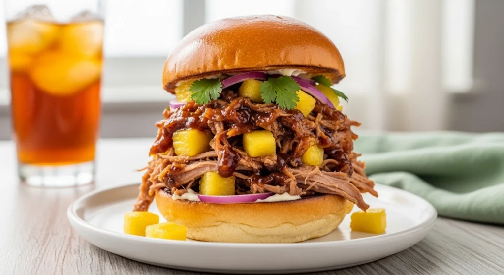 A close-up of a juicy Slow Cooker Hawaiian Pulled Pork slider piled high on a toasted sweet roll with bright pineapple chunks. These make the absolute best Hawaiian pulled pork sliders for a summer luau!