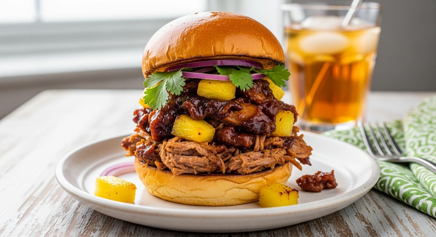 A close-up of a juicy Slow Cooker Hawaiian Pulled Pork slider piled high on a toasted sweet roll with bright pineapple chunks. These make the absolute best Hawaiian pulled pork sliders for a summer luau!