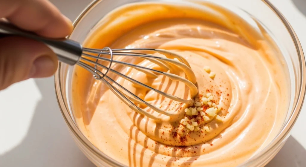 A brightly lit photo of a hand using a small whisk to mix a creamy, tangy smash burger sauce recipe in a glass bowl.