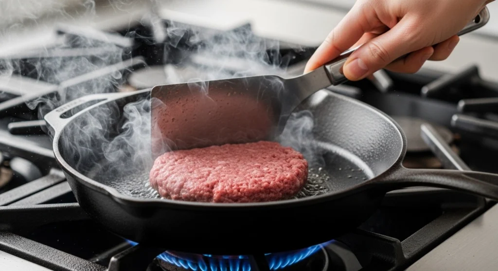 A dynamic kitchen shot showing how to make smash burgers by pressing a ball of ground beef completely flat into a smoking hot cast iron skillet using a heavy metal spatula.