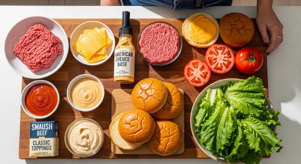 An overhead flat-lay of fresh ingredients for homemade smash burgers, including 80/20 ground beef, brioche buns, American cheese, and condiments on a kitchen island.