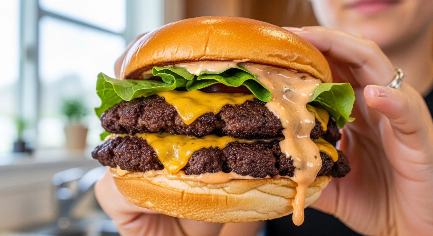 A candid, naturally lit photo of a person holding a juicy, crispy smash burger with house sauce, melted American cheese, and fresh lettuce on a toasted brioche bun.