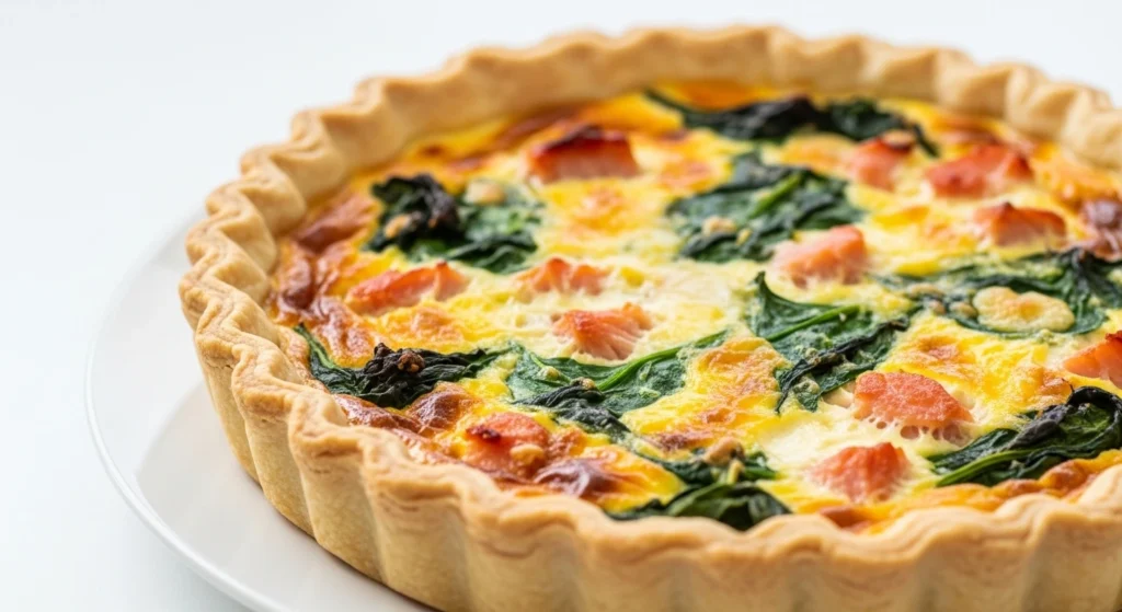 A freshly baked smoked salmon and spinach quiche sitting on a rustic wooden cutting board, captured in soft, natural window light. The golden, flaky crust surrounds a creamy egg filling generously studded with pink ribbons of salmon and vibrant green spinach leaves.