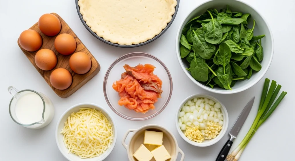 A warm, lifestyle photo of a smoked salmon and spinach quiche resting on an everyday kitchen counter. A pie server lifts a hearty slice, showing the creamy texture, fresh spinach, and smoked salmon layers against a naturally lit background.
