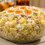 A large glass serving bowl filled with a classic Southern potato salad recipe, topped with beautifully sliced hard-boiled eggs and a sprinkle of paprika for a summer BBQ.