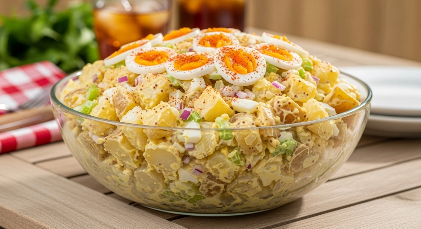 A large glass serving bowl filled with a classic Southern potato salad recipe, topped with beautifully sliced hard-boiled eggs and a sprinkle of paprika for a summer BBQ.