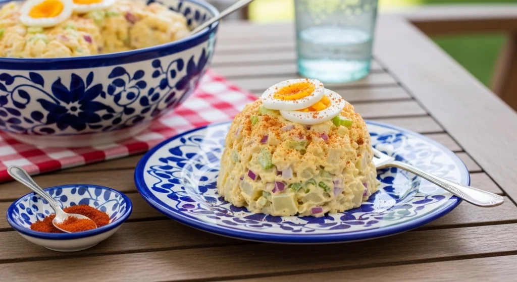A beautifully plated scoop of Southern potato salad with relish and eggs, served with a vintage silver spoon on a rustic wooden patio table.
