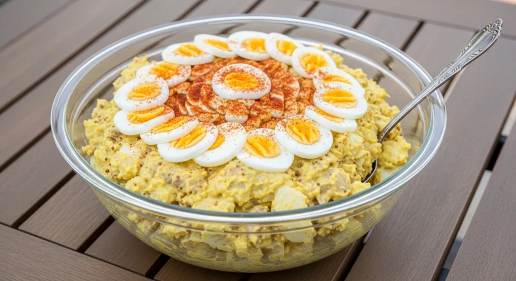 A close-up of a creamy, old fashioned mustard potato salad served in a rustic pottery bowl, garnished with overlapping sliced eggs and vibrant paprika.