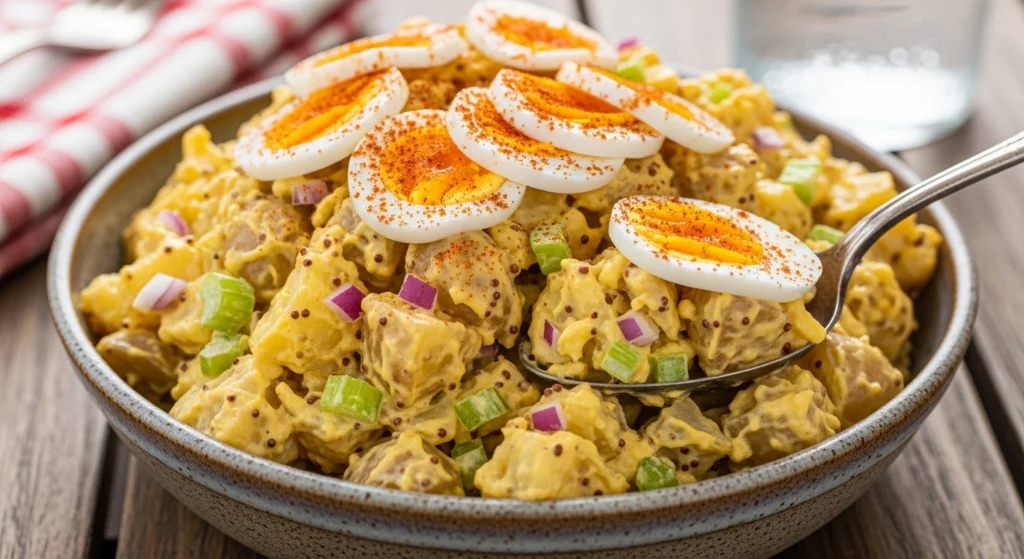 Whisking together mayonnaise, yellow mustard, and sweet relish to show exactly how to make creamy potato salad dressing from scratch.