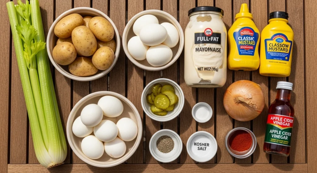 Overhead view of the ingredients needed to make a classic Southern potato salad, including Russet potatoes, hard-boiled eggs, mayonnaise, yellow mustard, and sweet relish.