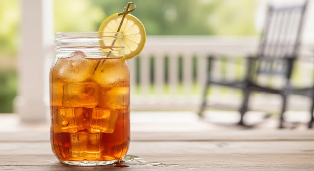 A beautifully lit, human-shot photo of a dewy mason jar filled with a freshly brewed Southern Sweet Tea Recipe over ice, resting on a rustic wooden porch railing in the summer sun.