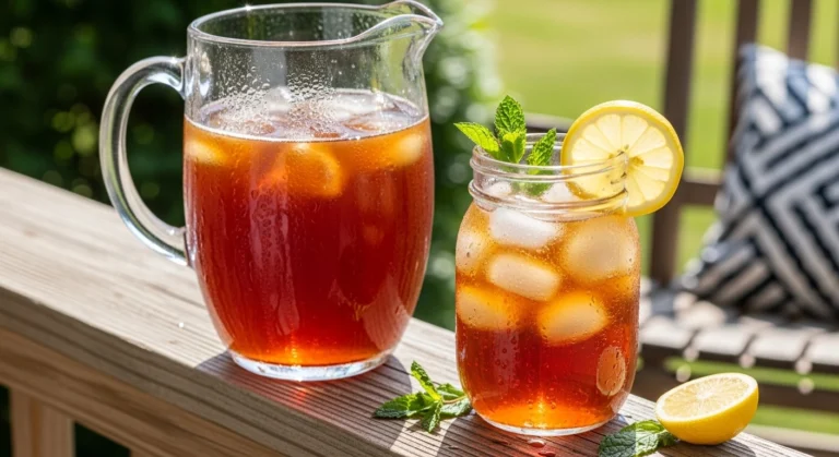 A candid, natural photo of a cold, condensation-covered mason jar filled with a classic Southern Sweet Tea Recipe over ice, garnished with fresh lemon and mint on a sunlit front porch.