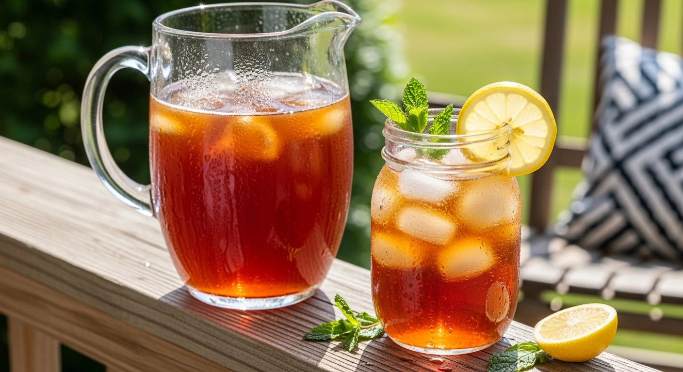 A candid, natural photo of a cold, condensation-covered mason jar filled with a classic Southern Sweet Tea Recipe over ice, garnished with fresh lemon and mint on a sunlit front porch.