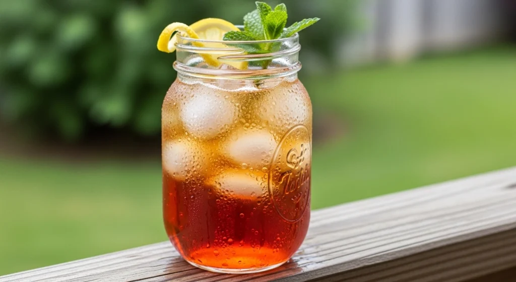 A casual, overhead shot of the three simple ingredients needed for homemade sweet tea: standard black tea bags, granulated sugar, and hot water on a kitchen counter.