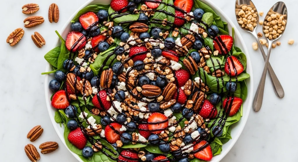 Raw ingredients laid out to make a summer spinach salad with fruit, including fresh baby spinach, bright red strawberries, pecans, feta cheese, and balsamic vinegar.