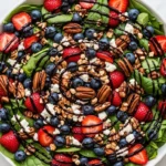 Raw ingredients laid out to make a summer spinach salad with fruit, including fresh baby spinach, bright red strawberries, pecans, feta cheese, and balsamic vinegar.