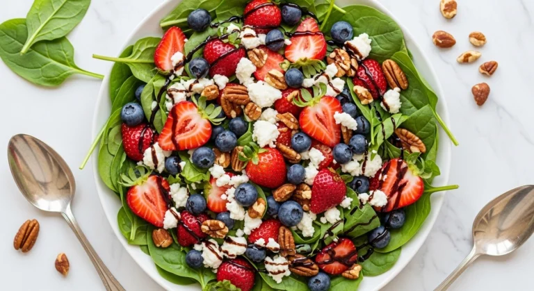 A large serving bowl filled with a healthy strawberry spinach salad recipe, topped with fresh berries, feta cheese, pecans, and red onions.