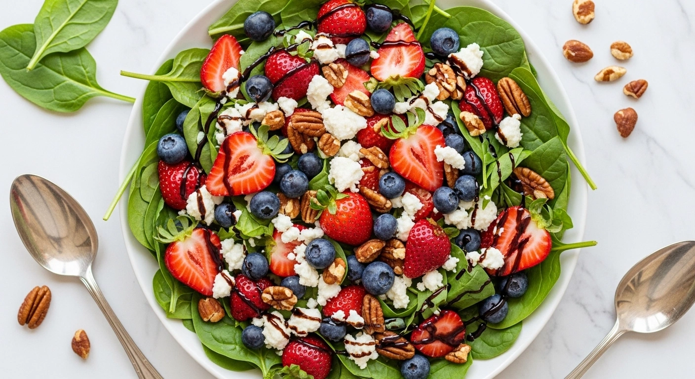 A large serving bowl filled with a healthy strawberry spinach salad recipe, topped with fresh berries, feta cheese, pecans, and red onions.