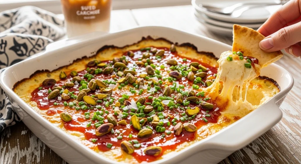 A close-up, natural human-shot photo of a torn piece of crusty sourdough bread scooping up warm, melty sweet baked hot honey feta dip, showing a gooey cheese pull and crunchy pistachio topping.