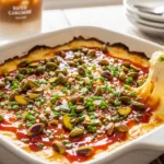 A close-up, natural human-shot photo of a torn piece of crusty sourdough bread scooping up warm, melty sweet baked hot honey feta dip, showing a gooey cheese pull and crunchy pistachio topping.