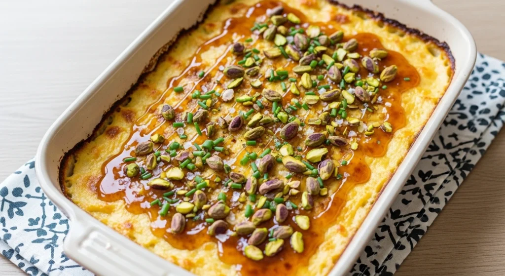 A beautifully lit, human-shot photo of a warm sweet baked hot honey feta dip fresh from the oven, heavily drizzled with sticky hot honey and garnished with green pistachios and sea salt.